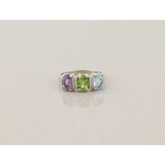 Sterling Silver Natural Amethyst, Peridot, Blue Topaz Ring Band Size 8 - Picture 8 of 8